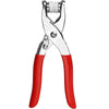 A pair of red and silver metal snaps and fastener pliers for DIY crafting.