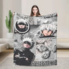 A flannel throw blanket featuring various Jujutsu Kaisen characters and themes.