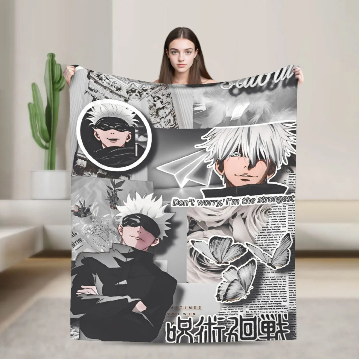 A flannel throw blanket featuring various Jujutsu Kaisen characters and themes.