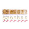 A set of gold-colored lobster clasp findings in various sizes and quantities packaged in small compartments.
