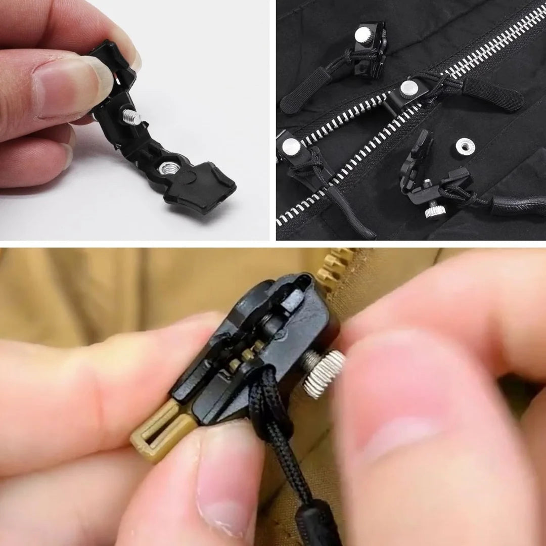 A close-up of a black zipper repair kit showing replacement heads and tools being used on a garment.