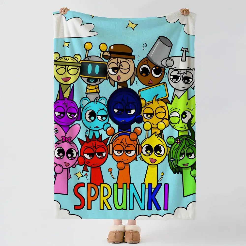 A colorful flannel blanket featuring cartoon characters in the Incredibox style.