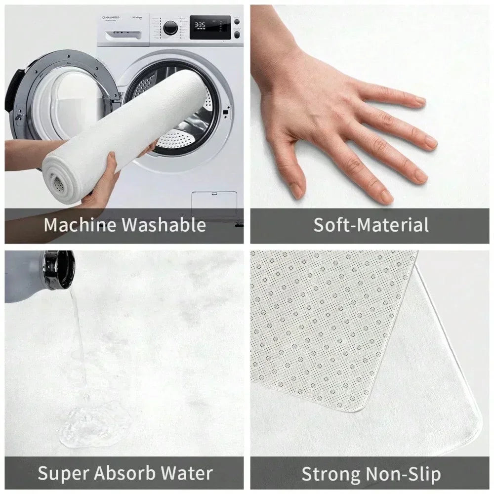 A set of cleaning and safety features for a doormat including machine washability, soft material, super absorb water, and str