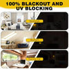 A set of blackout and UV blocking window curtains shown in various contexts including a bedroom, skylight, and touring car.