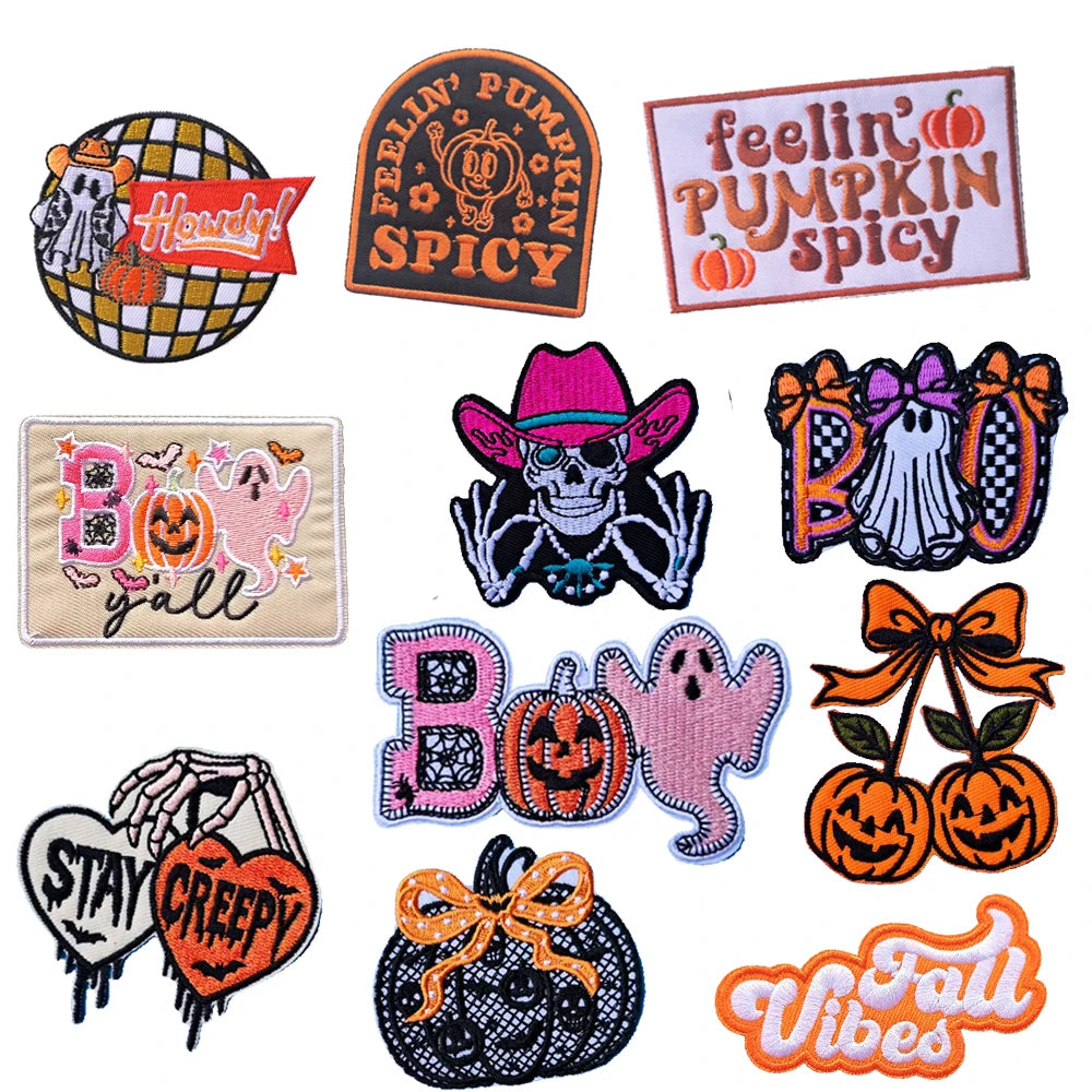 A collection of pumpkin themed iron-on patches featuring spooky designs and fall vibes.