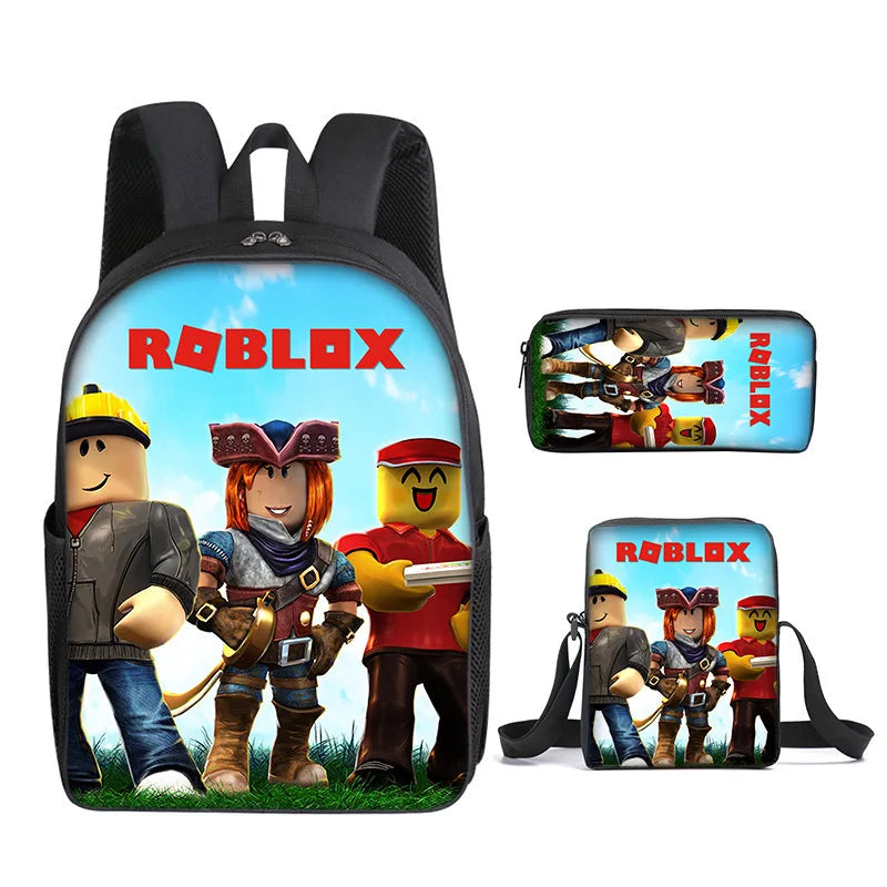 A black backpack featuring Roblox characters and the Roblox logo on the front.