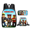 A black backpack featuring Roblox characters and the Roblox logo on the front.
