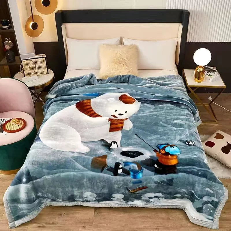 A plush mink fleece king size blanket in blue with white and orange animal figures is displayed on a bed.