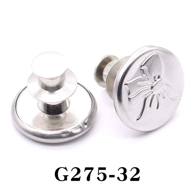 Silver adjustable button pins with a floral design and a round base.