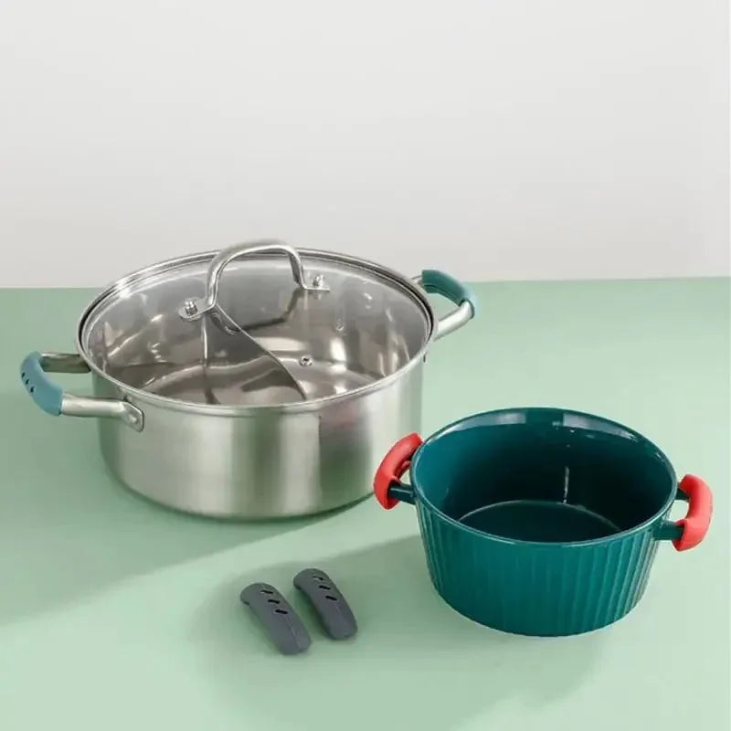 A stainless steel pot and a teal silicone pan handle cover are shown on a light green surface.