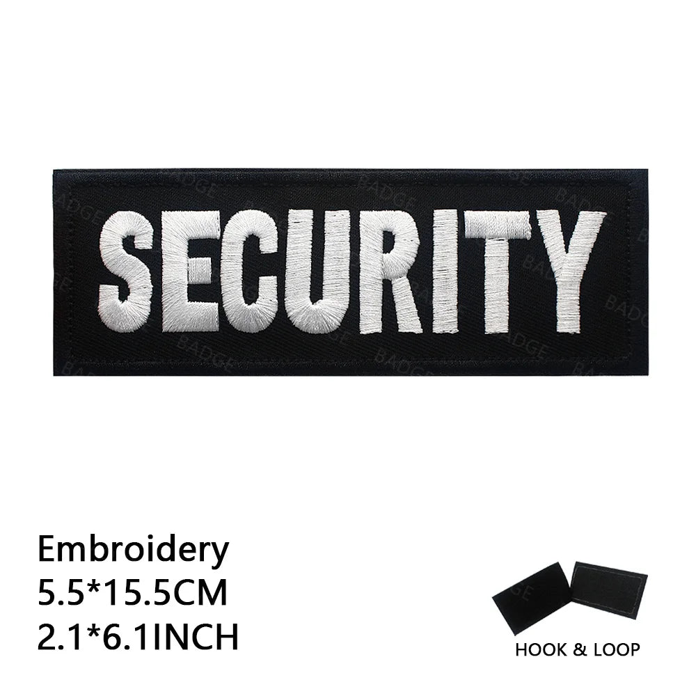Black embroidered patch with the word SECURITY in white text and a hook and loop backing