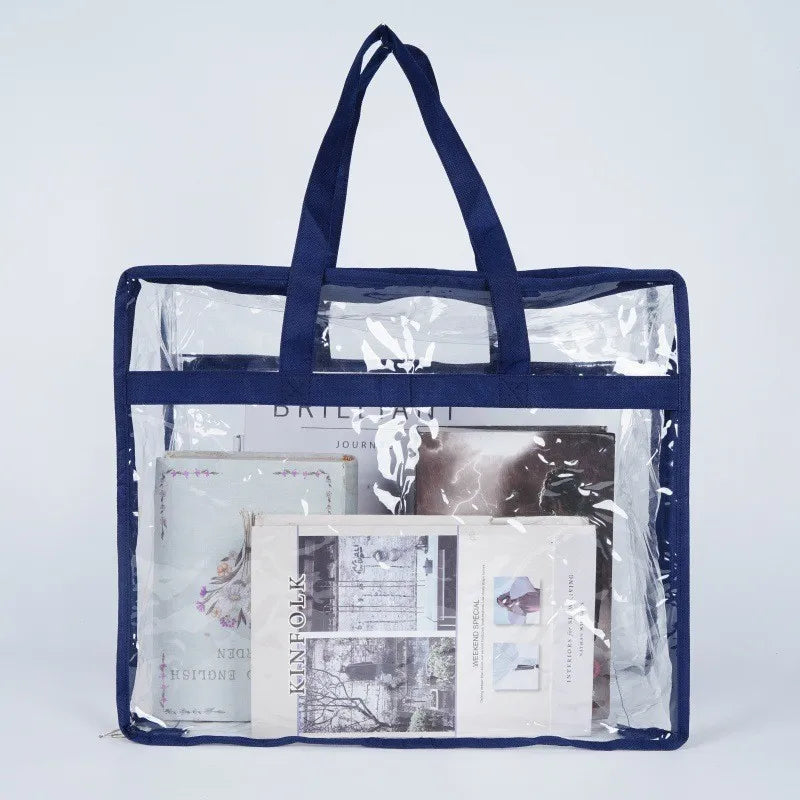 A dark blue fabric storage bag with a handle is open, revealing several sheets of paper and documents inside.