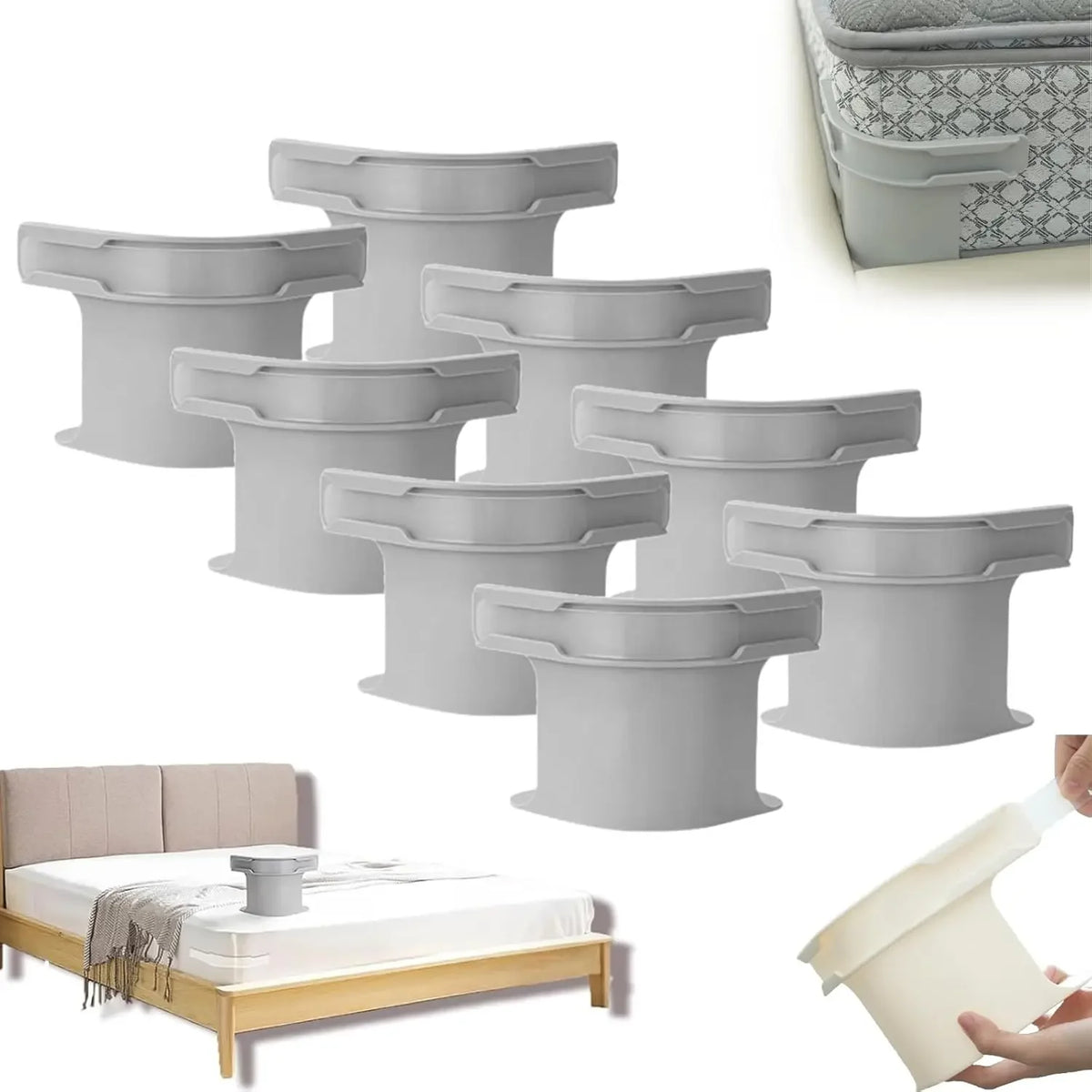 A set of gray invisible bed sheet fixing clips shown with a bed and sheets.