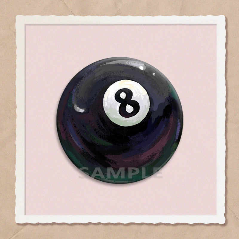 A glossy black billiard ball with the number 8 on it, set against a light pink background.