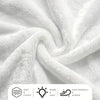 A close-up of a white, fluffy knit throw blanket draped and folded.