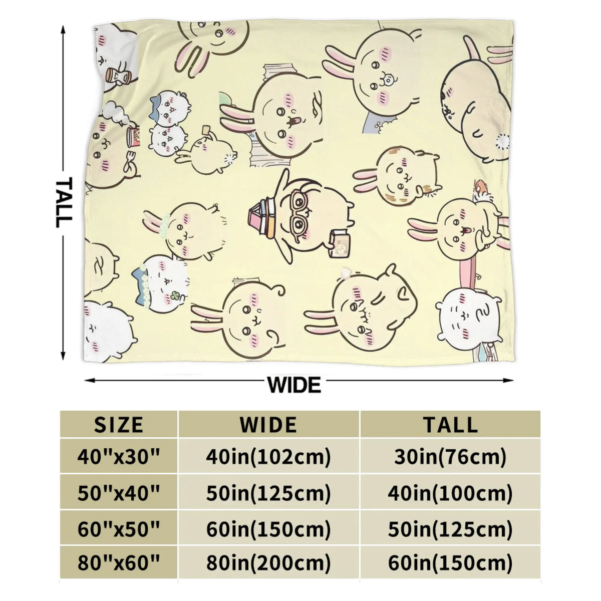 A yellow flannel throw blanket featuring a pattern of cute Chiikawa cartoon characters.