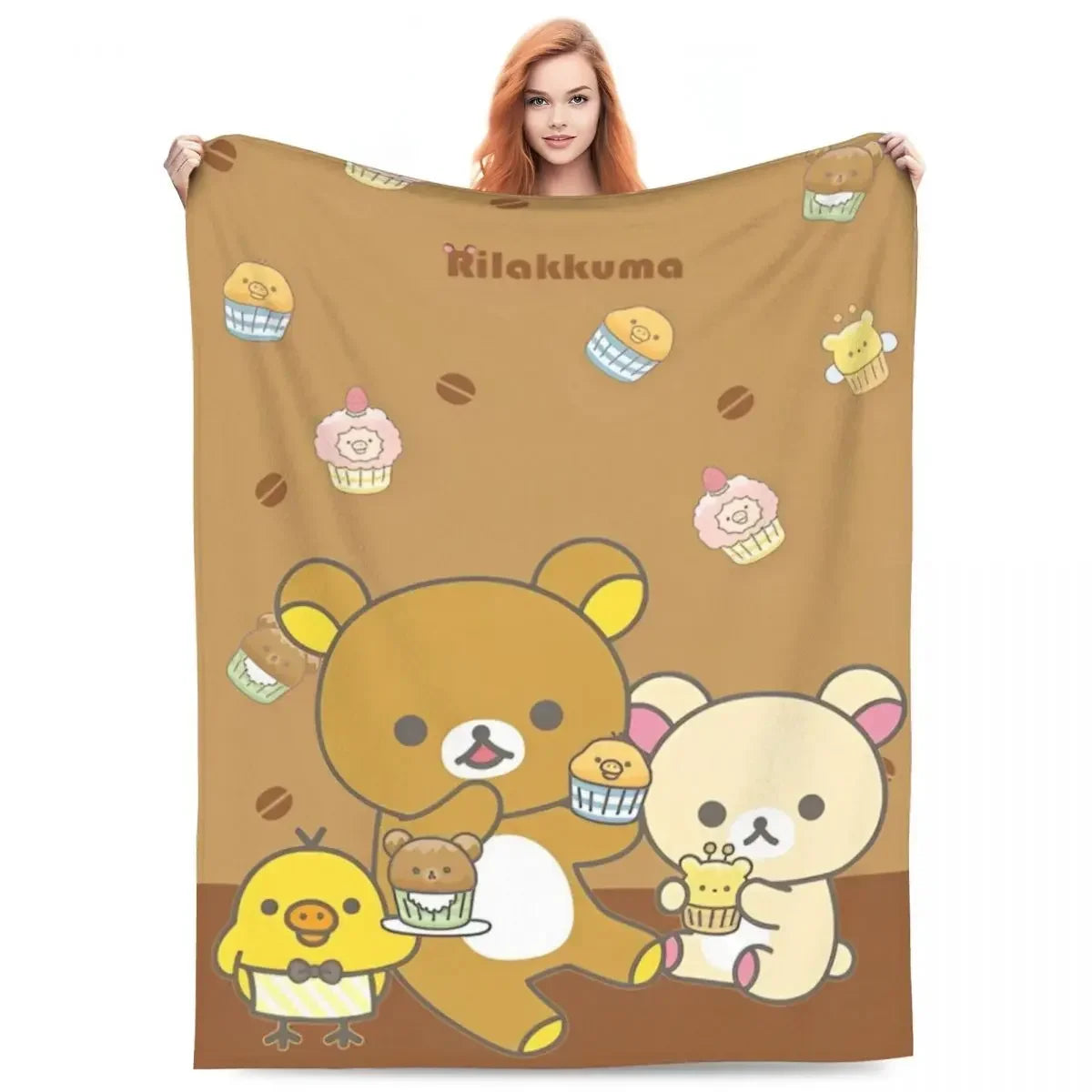 A brown and beige cartoon illustration featuring a large bear hugging a small yellow bear and a cupcake.