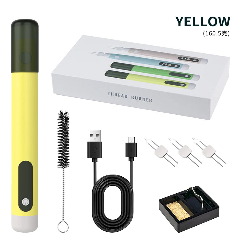 A yellow handheld soldering wax pen with a black tip, along with various tips and a coil wire.