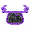 Purple ruffle apron with pockets featuring a black polka dot pattern and a purple bow