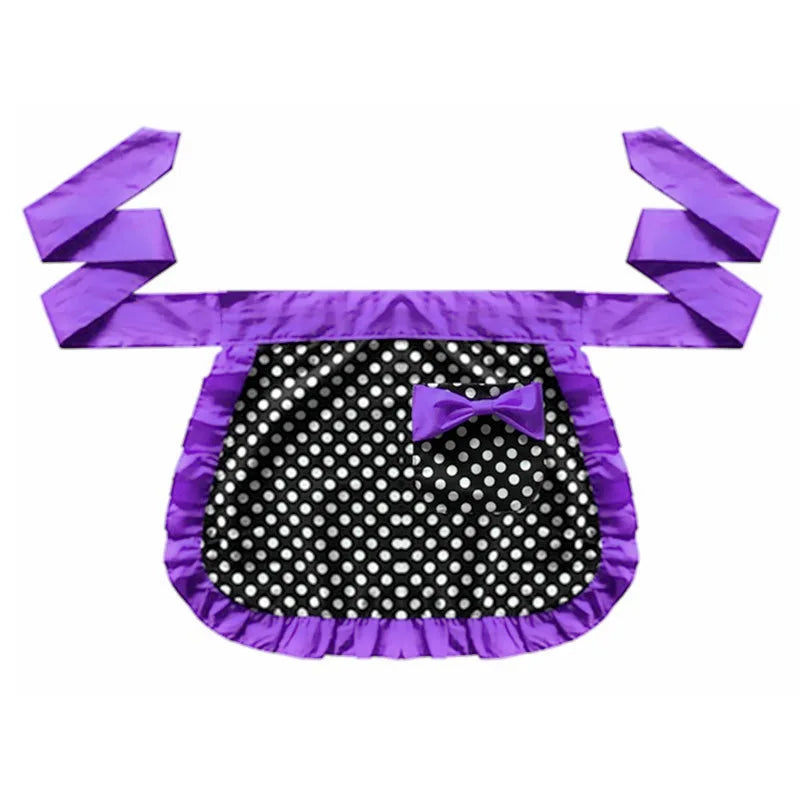 Purple ruffle apron with pockets featuring a black polka dot pattern and a purple bow