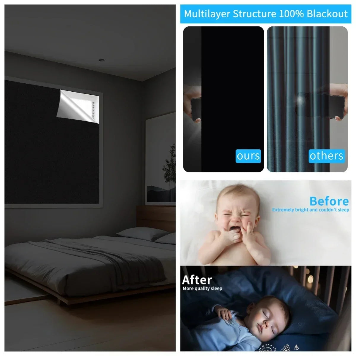 Comparison of multilayer blackout window shades showing light blockage and improved sleep quality.