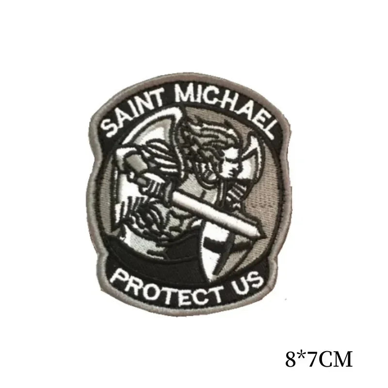 Embroidered hook and loop tactical patch featuring Saint Michael and the text Protect Us