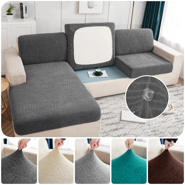 Close-up view of various splashproof jacquard sofa cushion covers in gray, cream, and teal colors.