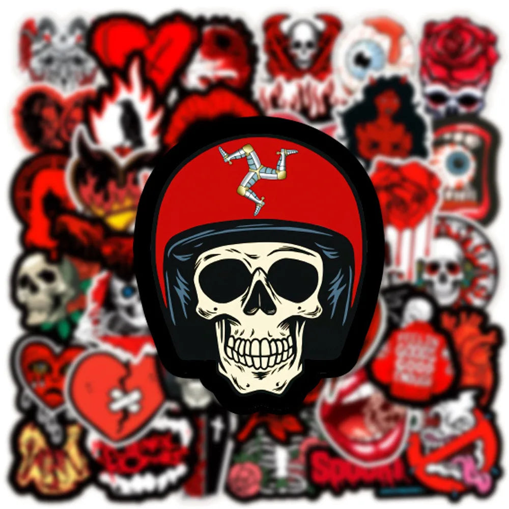 A collage of red, black, and white gothic skull stickers featuring various skulls and roses for notebooks and cups.