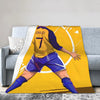 A yellow and blue football player graphic on a throw blanket.