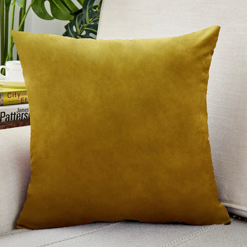 A square olive green velvet cushion cover resting on a light-colored sofa.