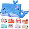 A blue ergonomic memory foam neck pillow shaped like a whale, surrounded by various silicone teething toys.