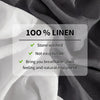 Close-up of gray linen fabric with text highlighting features like stone washing and natural enjoyment.