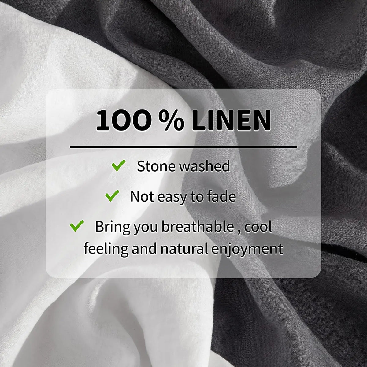 Close-up of gray linen fabric with text highlighting features like stone washing and natural enjoyment.