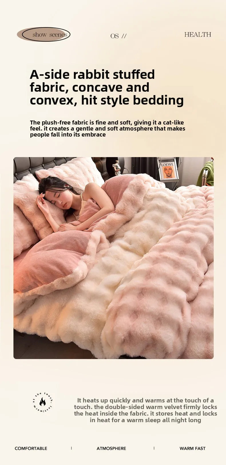 A close-up of a pink and cream plush rabbit stuffed fabric bedding set being used on a bed.