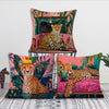 A decorative cushion cover featuring a cheetah print and tropical plant design on a pink background.
