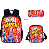 A set of three colorful backpack pouches featuring characters from Animal Hospital