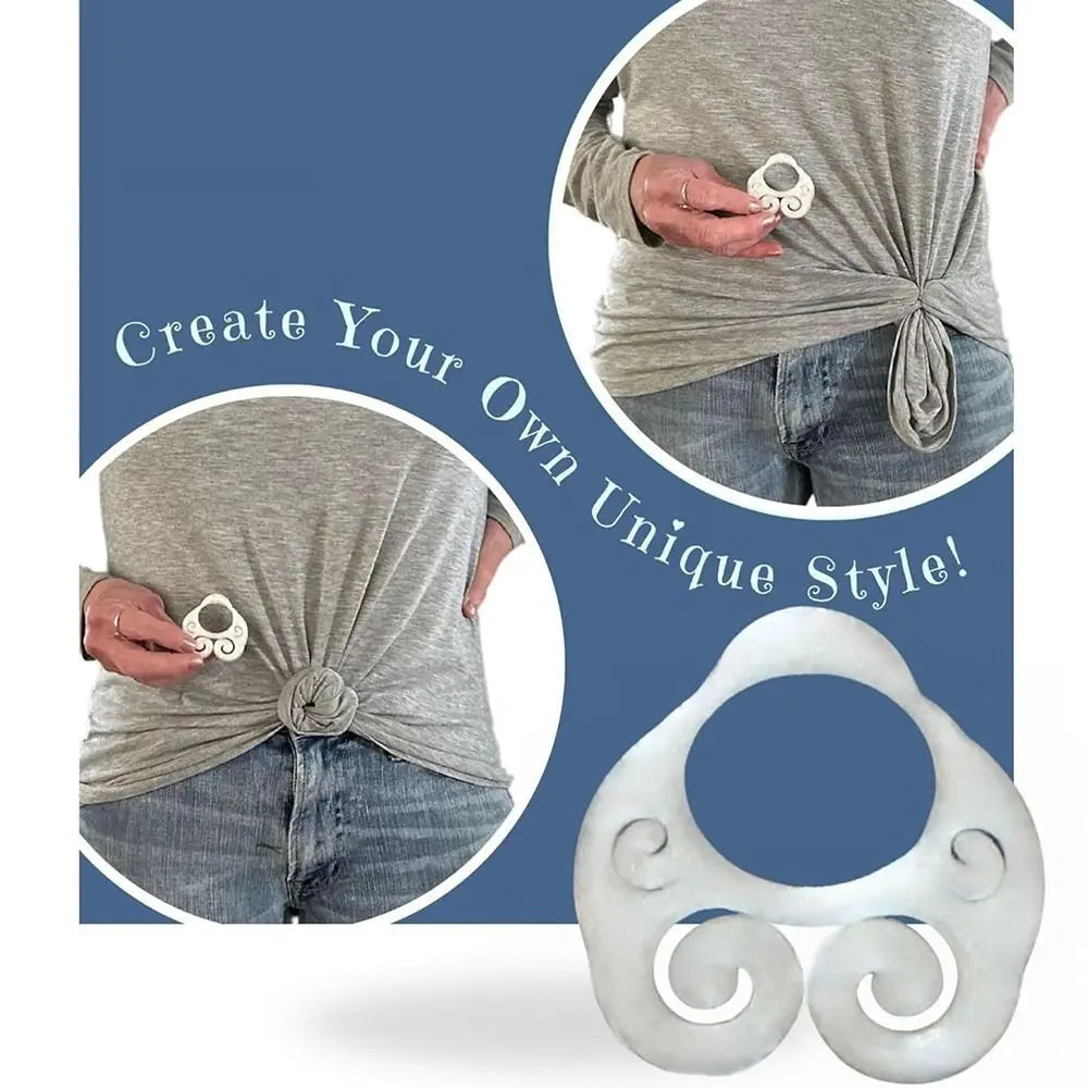 A hand ties a knot in a grey t-shirt, demonstrating the use of a metal jeans button repair kit.