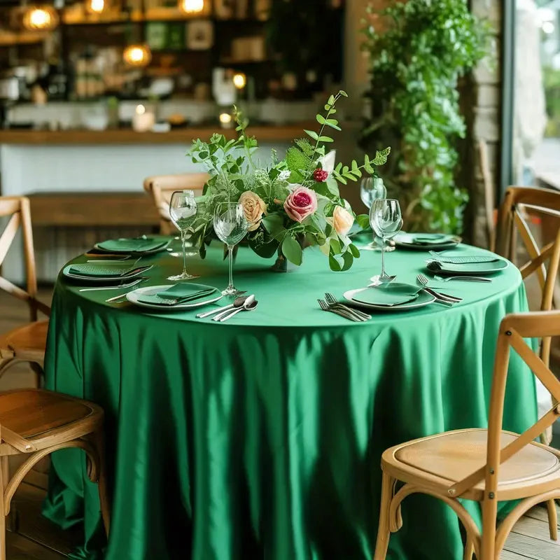 A round table set for a meal with a green satin cloth, silverware, and floral centerpieces in a bright indoor setting.