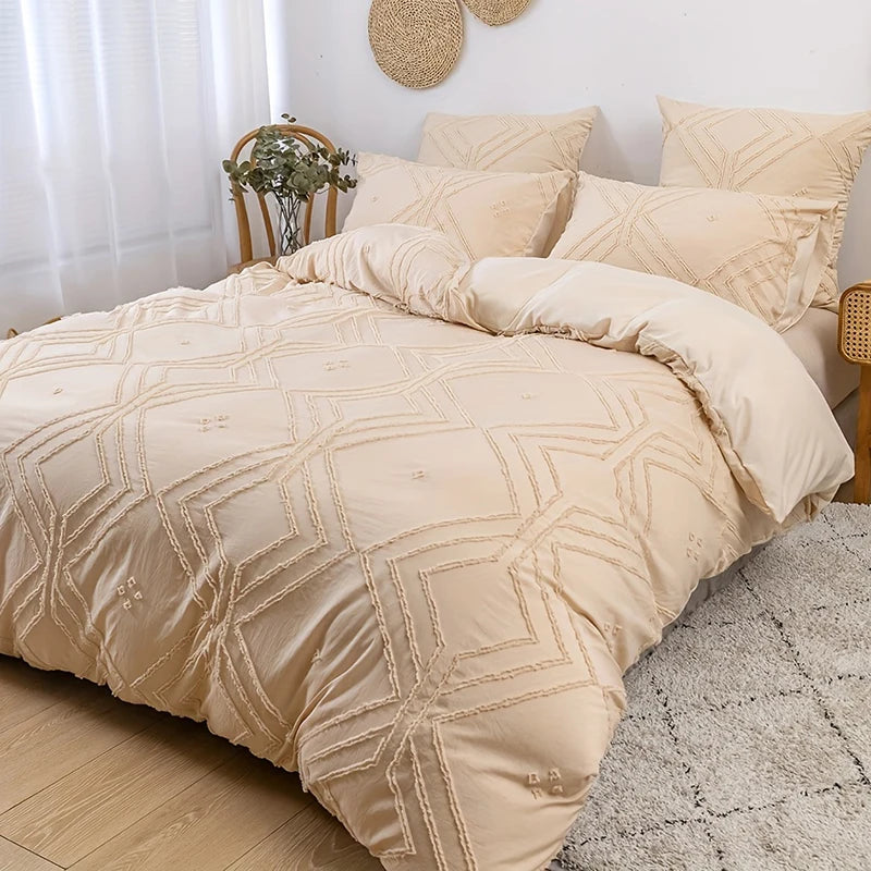 A beige bohemian grid tufted duvet cover set displayed on a bed with natural light and white curtains.
