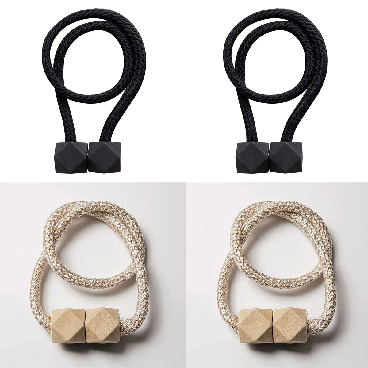 A set of four black magnetic curtain tiebacks and four beige magnetic curtain tiebacks.