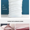 White natural mulberry silk pillowcase shown against a blue background with options for envelope and zipper closures