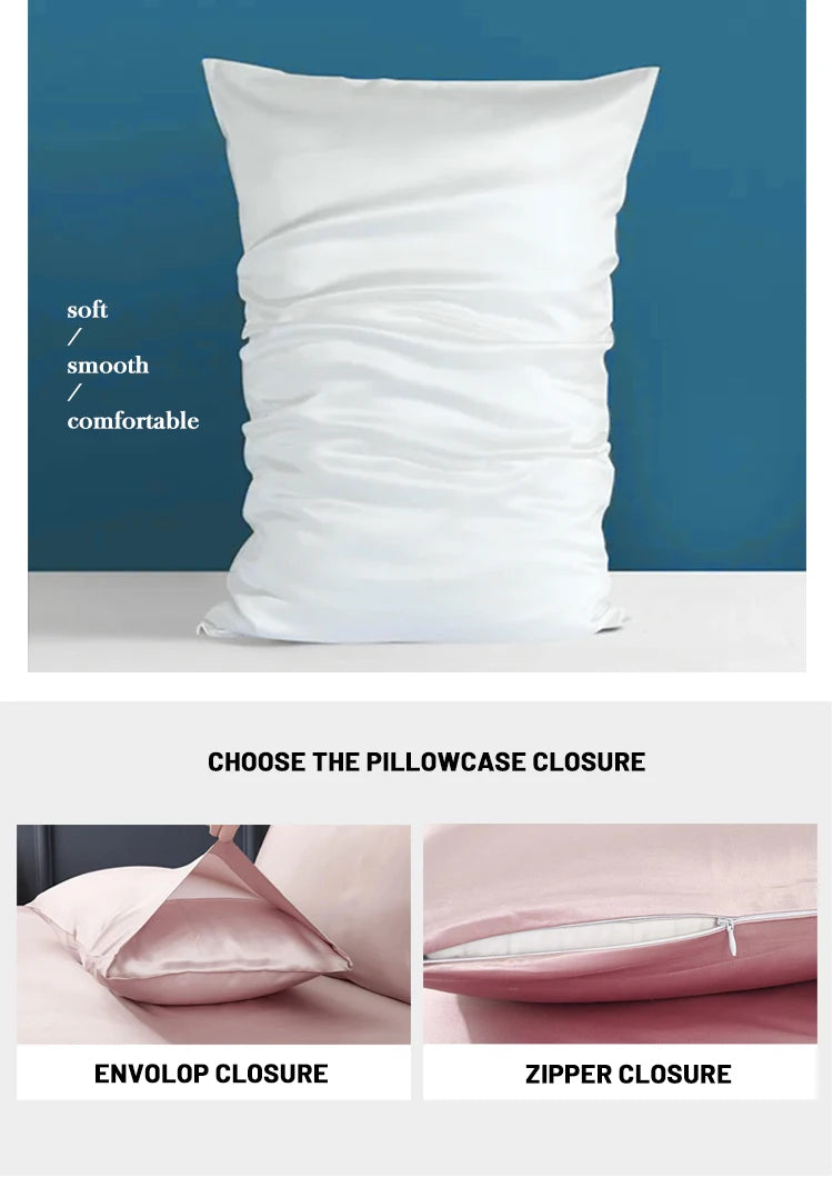 White natural mulberry silk pillowcase shown against a blue background with options for envelope and zipper closures