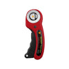 A red rotary cutter with a silver blade holder and black handle is shown against a white background.