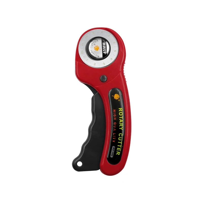 A red rotary cutter with a silver blade holder and black handle is shown against a white background.