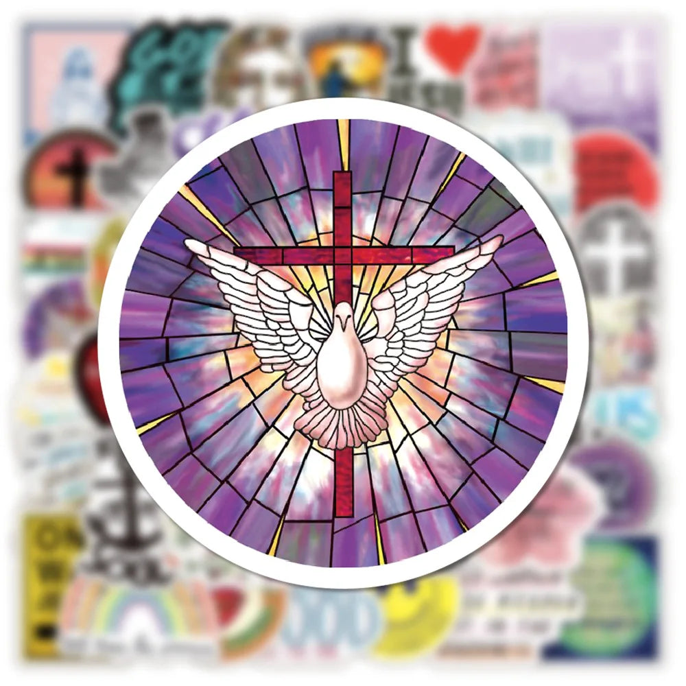 A circular stained glass design featuring a cross with wings radiating light in purple and pink hues.