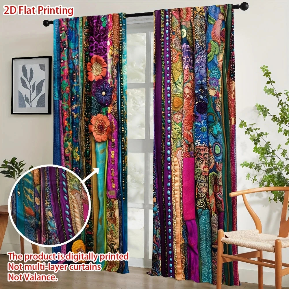 Colorful digital print patchwork curtains hanging in a window frame