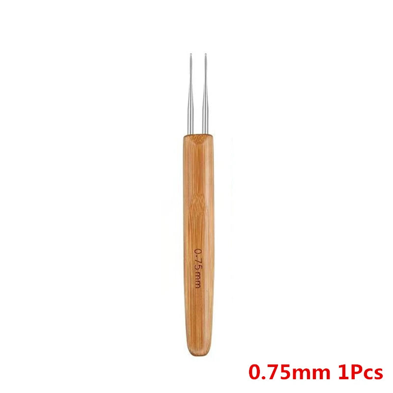 A single wooden precision crochet hook with a fine point is shown.