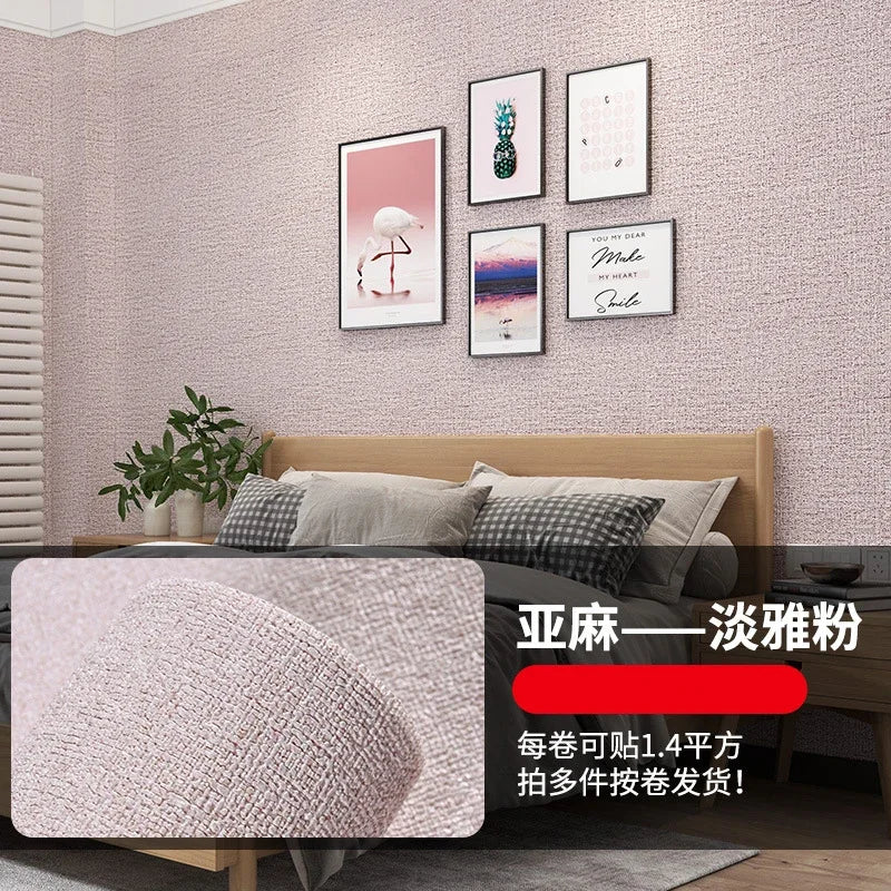 Self-adhesive 3D thermal insulation wallpaper with linen texture displayed on a bedroom wall.