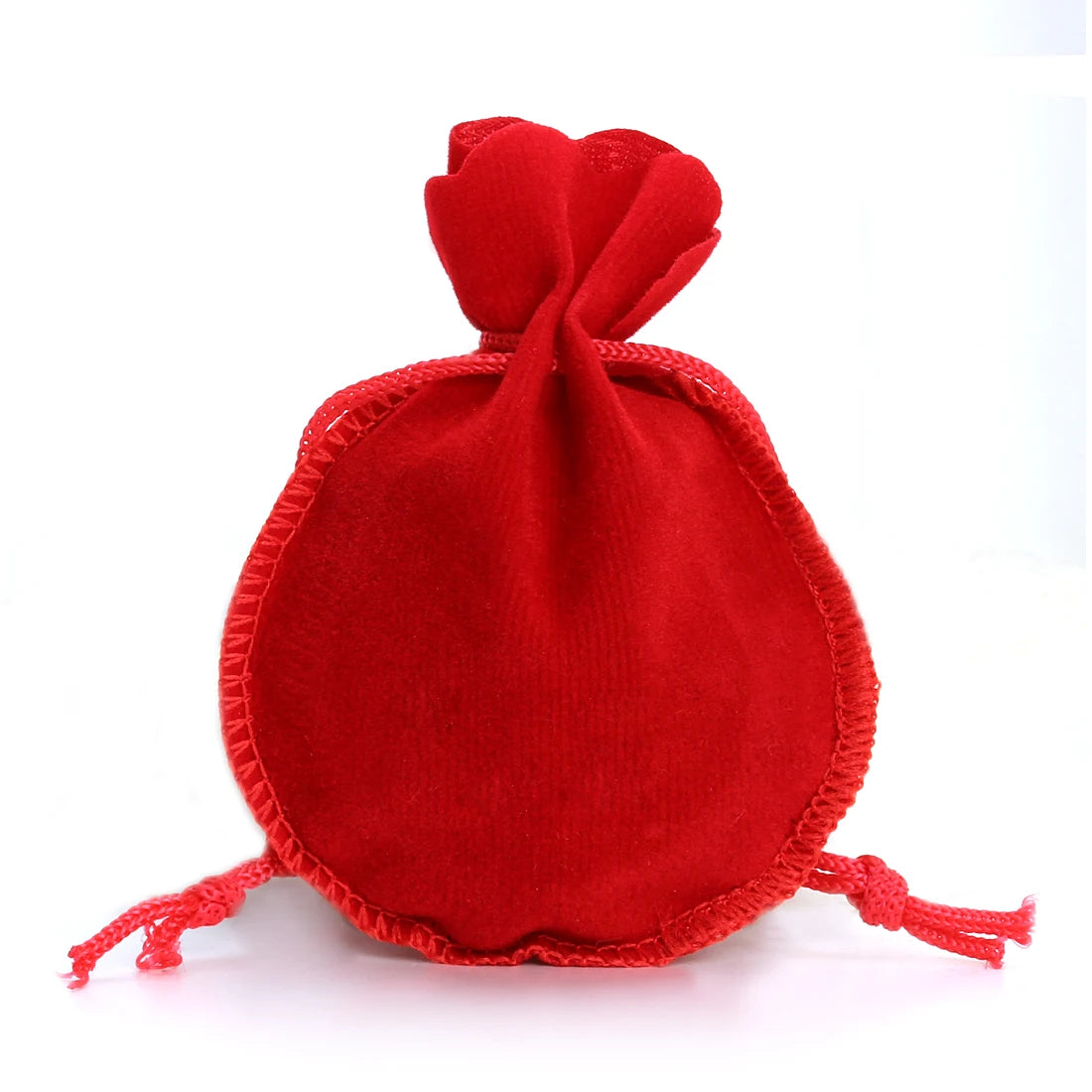 A single red velvet drawstring gift bag shaped like a gourd, with fringed ties.