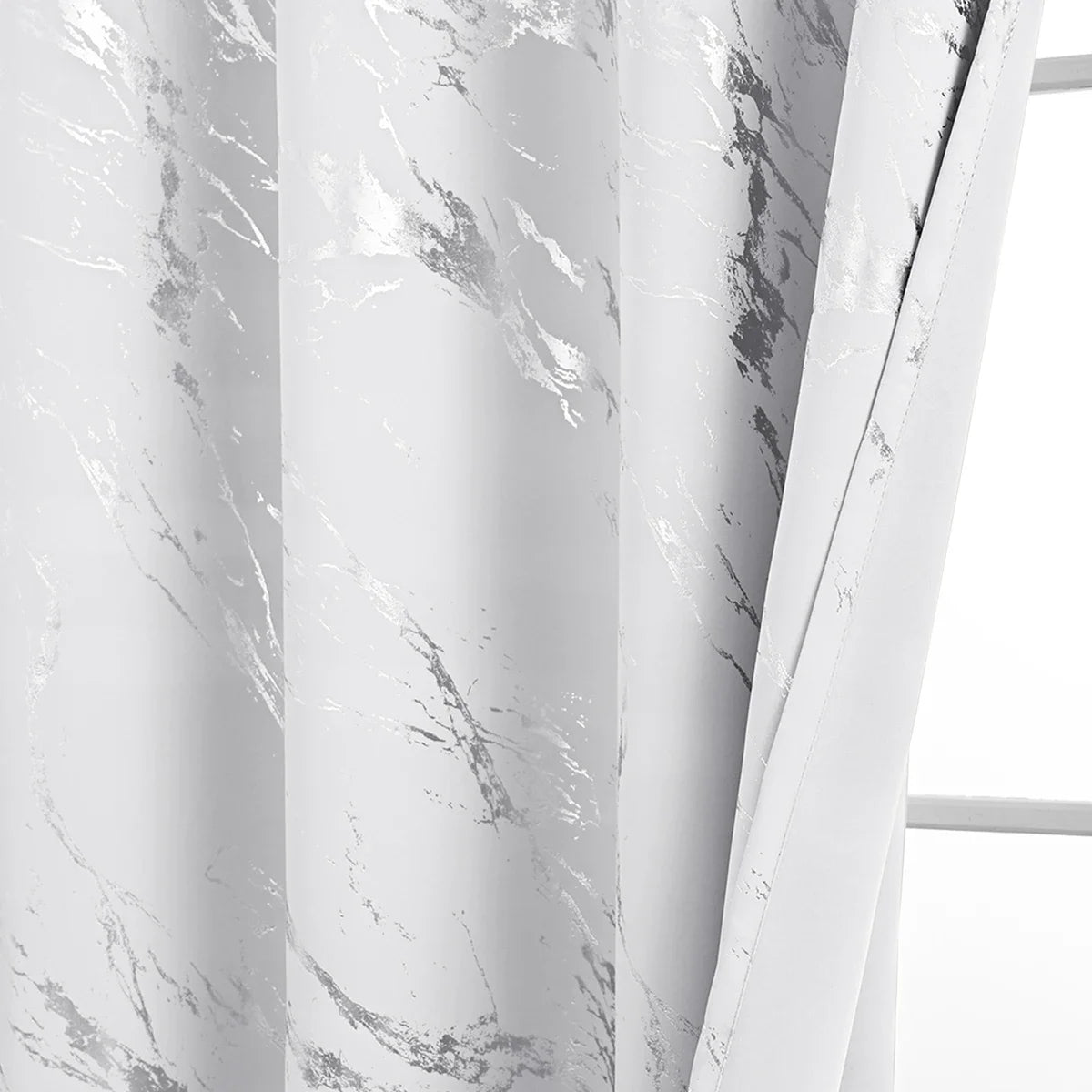 White curtain fabric featuring gray marble print and silver stamping details.